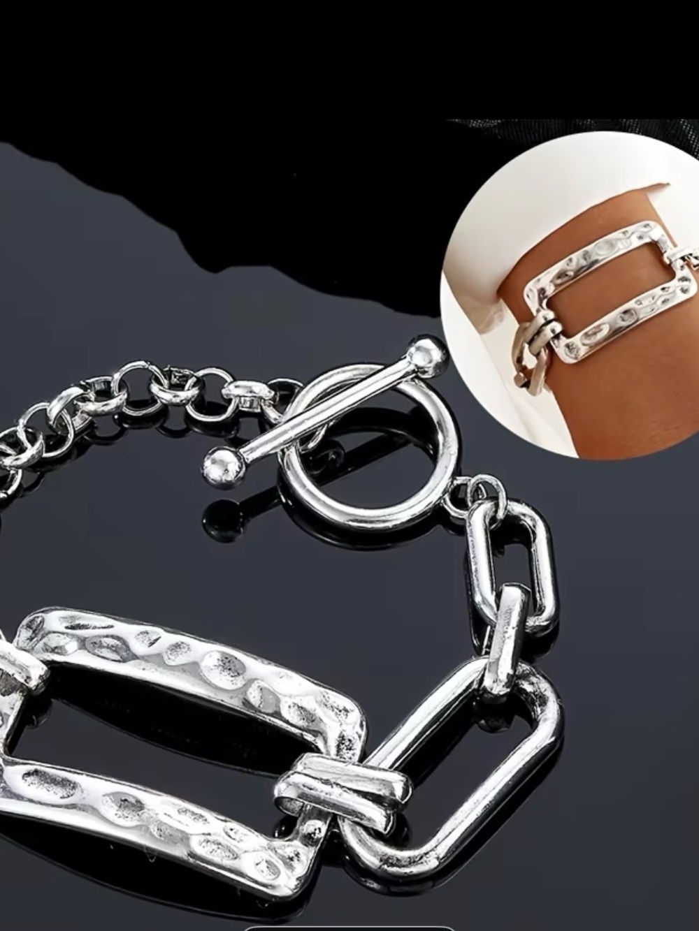 Hammered Rectangular Link Bracelet - Silver Women Jewelry